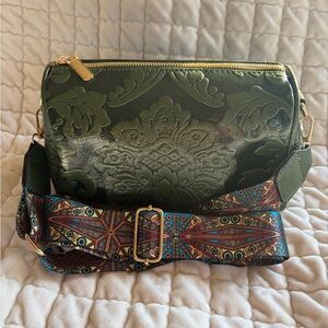 Emerald Green Embossed Floral Crossbody Bag w/ Statement Strap